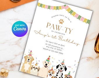 Dog Invitation Editable | Puppy Party Invitation | Printable Dog Pawty Birthday Invite | Dog Theme Birthday Invitation