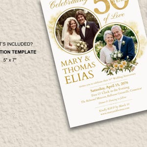 May include: A cream-colored invitation template for a 50th wedding anniversary. The design includes two circular photos of the couple, gold text, and floral accents. The invitation is 5" x 7" and includes event details.