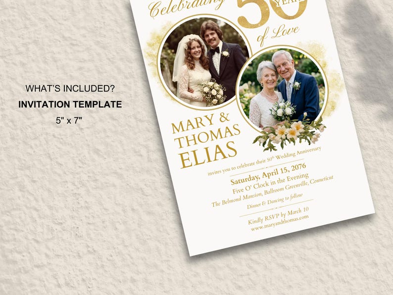 May include: A cream-colored invitation template for a 50th wedding anniversary. The design includes two circular photos of the couple, gold text, and floral accents. The invitation is 5" x 7" and includes event details.
