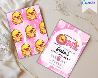 Rubber Duck Birthday Invitation: Pink Bubbles, Canva Template (PDF, JPEG, PNG)