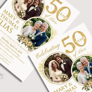 May include: Wedding anniversary invitations with gold text and photos of the couple. The invitations read "Mary & Thomas Elias" and "Celebrating 50 Years of Love." The date is April 15, 2076.