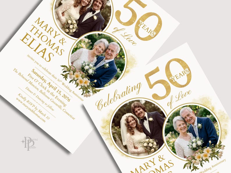May include: Wedding anniversary invitations with gold text and photos of the couple. The invitations read "Mary & Thomas Elias" and "Celebrating 50 Years of Love." The date is April 15, 2076.