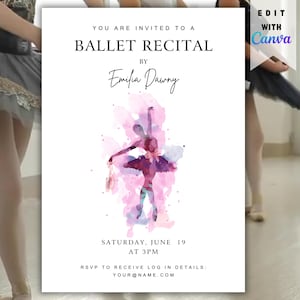 May include: A white invitation card with a pink watercolour background featuring a silhouette of a ballerina in a pink tutu. The text reads "You are invited to a Ballet Recital by Emilia Dawny. Saturday, June 19 at 3PM. RSVP to receive log in details: YOUR@NAME.COM".