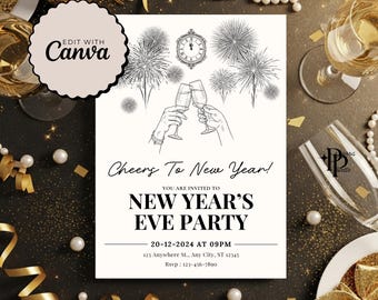 Könnte beinhalten: Einladung zur Silvesterparty mit Feuerwerksillustration, Sektgläsern und dem Text "Cheers To New Year!". Die Einladung enthält Datum, Uhrzeit und RSVP-Informationen. Goldene und weiße Akzente.