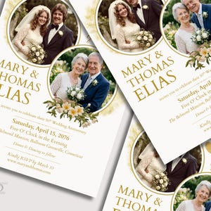 May include: Wedding anniversary invitations featuring photos of a couple at different stages of their lives. The invitations are cream-colored with gold text and circular photo frames. The text reads "Mary & Thomas Elias" and announces a 50th wedding anniversary.