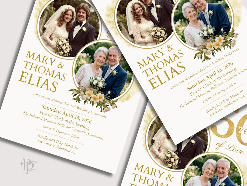 May include: Wedding anniversary invitations featuring photos of a couple at different stages of their lives. The invitations are cream-colored with gold text and circular photo frames. The text reads "Mary & Thomas Elias" and announces a 50th wedding anniversary.