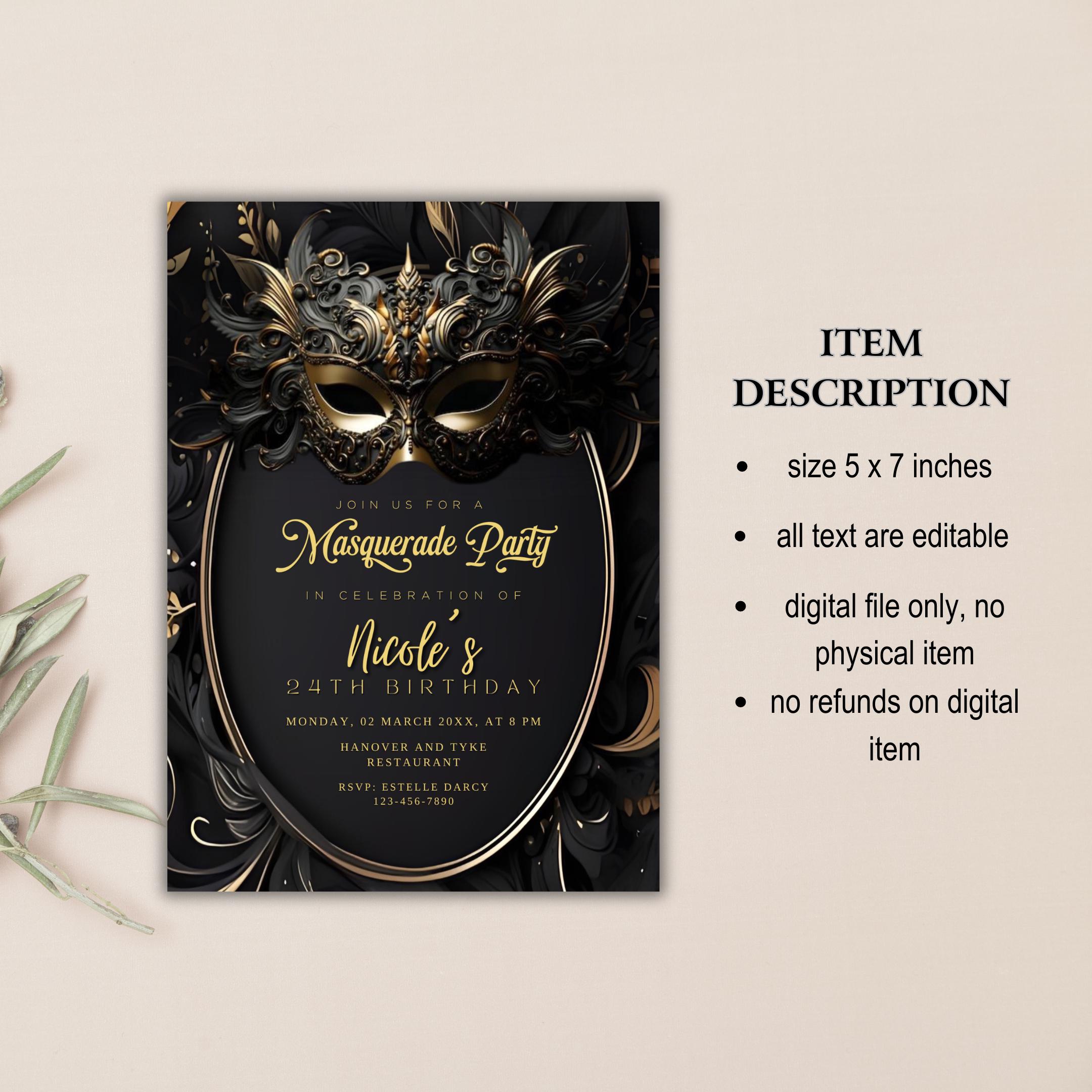 編集可能な仮面舞踏会招待状テンプレート - 仮面舞踏会パーティー招待