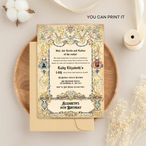 May include: A medieval-themed birthday invitation with a gold and blue border. The invitation features a crest with a knight and a dragon. The text reads "Hail, fair Lords and Ladies of the realm!" and "Lady Elizabeth's 14th Birthday".