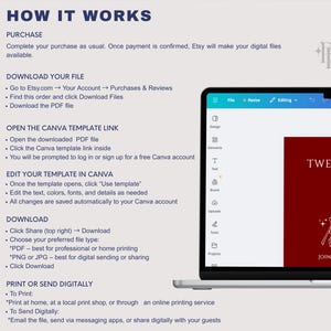 May include: A laptop screen displays a red invitation design with white text that reads "TWENTY fine" and "JOIN US TO CELEBRATE." The image also shows instructions on how to download and edit the template.