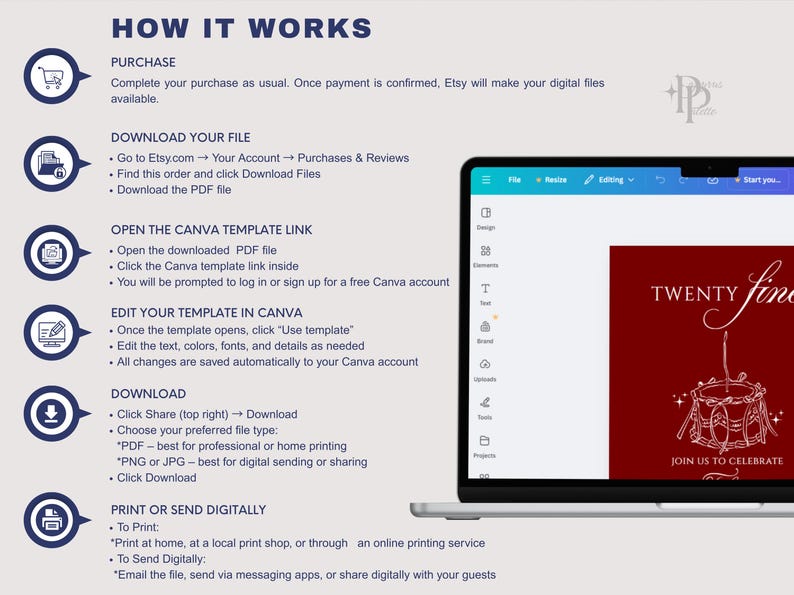 May include: A laptop screen displays a red invitation design with white text that reads "TWENTY fine" and "JOIN US TO CELEBRATE." The image also shows instructions on how to download and edit the template.