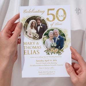 May include: A white invitation card for a 50th wedding anniversary, held by hands. The card features two circular photos of the couple, gold text, and the names "Mary & Thomas Elias". The text reads "Celebrating 50 Years of Love".