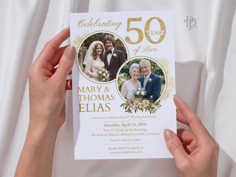 May include: A white invitation card for a 50th wedding anniversary, held by hands. The card features two circular photos of the couple, gold text, and the names "Mary & Thomas Elias". The text reads "Celebrating 50 Years of Love".