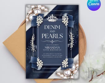 Denim and Pearls Invite, Denim and Diamond Invite, Denim Invitation, Denim Theme Party Invitation, Denim and Diamond Birthday Invite