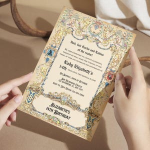 May include: A medieval-themed birthday invitation with ornate gold and blue borders. The invitation reads "Hail, fair Lords and Ladies of the realm!" and "Lady Elizabeth's 14th Birthday".