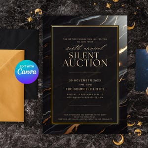 Invitación para subasta silenciosa, invitación para recaudación de fondos, baile benéfico, invitación imprimible para aniversario de empresa y oficina