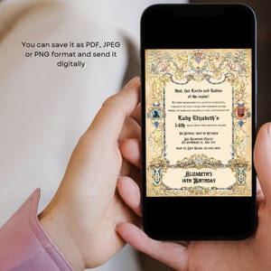 May include: A digital invitation for a 14th birthday party with a medieval theme. The invitation features a scroll with gold accents and the text "Hail, fair Lords and Ladies of the realm!" and "Lady Elizabeth's 14th Birthday".