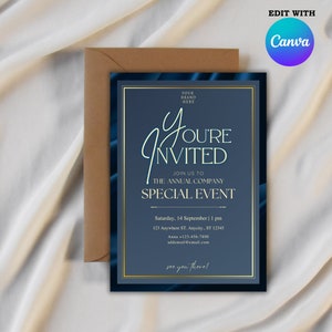 May include: A blue and gold invitation card with the text "You're Invited" in a stylised font. The invitation is for a special event hosted by the annual company. The card includes the date, time, address, and contact information.