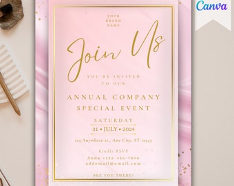 Puede incluir: Invitación rosa y dorada con el texto "Join Us" y detalles para un evento especial anual de la empresa el sábado 31 de julio de 2024. La invitación tiene un fondo de mármol con estrellas doradas.