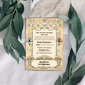 May include: A vintage-style invitation with ornate gold and blue borders. The invitation is for Lady Elizabeth's 14th birthday party. The text reads: "Hail, fair Lords and Ladies of the realm! Be ye summoned to a joyous gathering, whereon we shall mark the turning of the wheel of time and celebrate the anniversary of Lady Elizabeth's 14th year upon this mortal plane! On Sunday, 08th of October, Sir Richmond Castle, 123 Anywhere St., Any City. RSVP to Lady Olivia: 123-456-7890. Elizabeth's 14th Birthday."