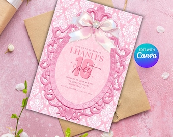 Coquette Invitation -Editable Pink Bow Invite for Sweet 16 Invitation Card, Sweet Sixteen Invite Printable Party Invite Template