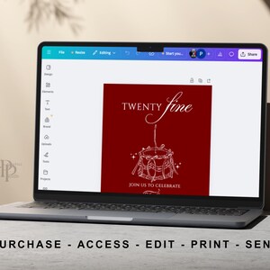 May include: A laptop displays a red invitation design with the words "TWENTY fine" and a drum illustration. The text "JOIN US TO CELEBRATE" is below the drum. The bottom of the screen shows the words "PURCHASE - ACCESS - EDIT - PRINT - SEND".
