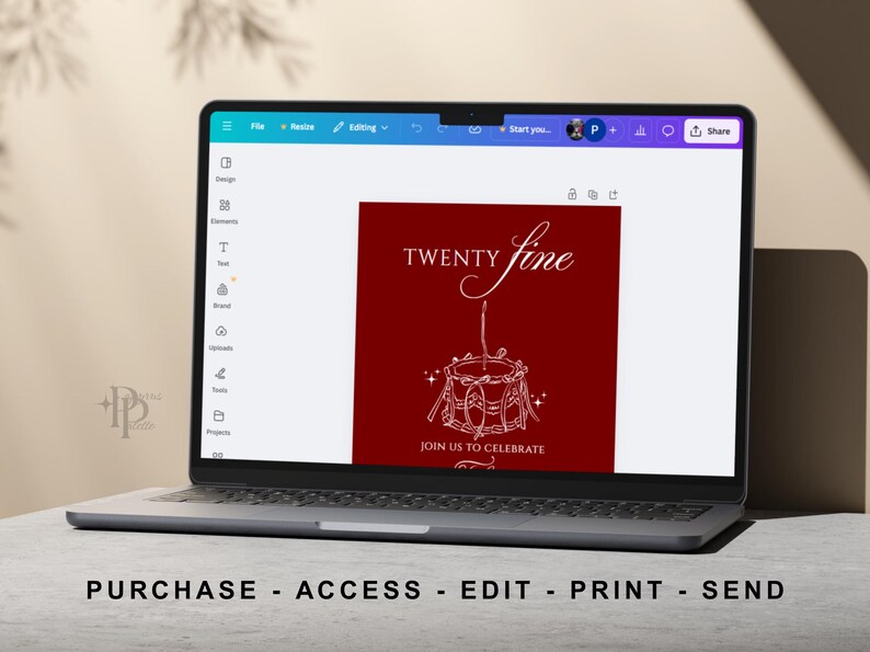 May include: A laptop displays a red invitation design with the words "TWENTY fine" and a drum illustration. The text "JOIN US TO CELEBRATE" is below the drum. The bottom of the screen shows the words "PURCHASE - ACCESS - EDIT - PRINT - SEND".