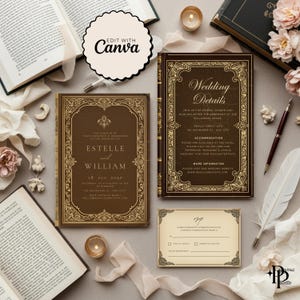 Op de afbeelding: Een elegante trouwuitnodigingsset met een vintage boekthema. De set bevat uitnodigingskaarten, RSVP-kaarten en een detailkaart, allemaal in bruin- en goudtinten. De tekst "Estelle and William" is zichtbaar op één kaart.