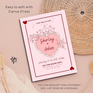 May include: A pink wedding invitation with a red border. The invitation features a heart-shaped design with the names "Sherley + Adam" and the wedding date and time. The text "Easy to edit with Canva (Free)" is at the top.