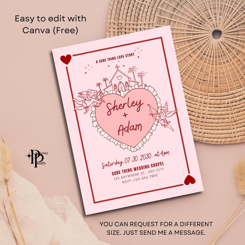 May include: A pink wedding invitation with a red border. The invitation features a heart-shaped design with the names "Sherley + Adam" and the wedding date and time. The text "Easy to edit with Canva (Free)" is at the top.