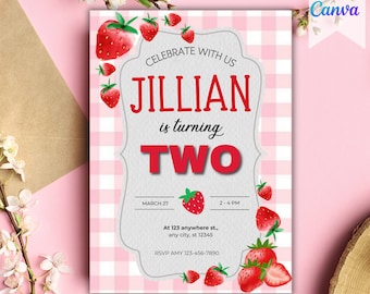 Plantilla de invitación de cumpleaños de Tarta de Fresa, invitaciones imprimibles para fiesta de cumpleaños, plantilla digital para invitación de cumpleaños
