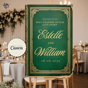 Peut inclure: Panneau de mariage vert avec des détails dorés, ressemblant à une couverture de livre vintage. Le panneau affiche "Welcome to the Next Chapter of Our Love Story", les noms "Estelle et William" et la date 18.08.2030.