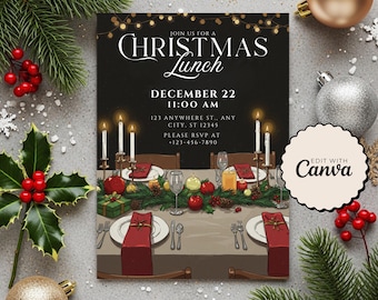 May include: A Christmas Lunch invitation with a black background and festive table setting illustration. The text reads "Join us for a Christmas Lunch, December 22, 11:00 AM." Includes RSVP information and decorative elements.