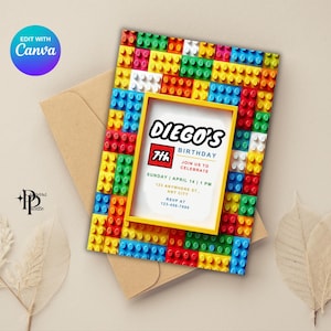 Convite de tijolos - convite de aniversário de blocos de construção, convite personalizado para festa de construção, festa temática de tijolos para crianças, cartão de aniversário exclusivo para impressão