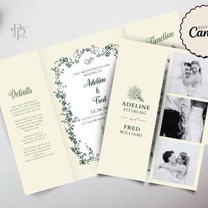 May include: Cream-colored wedding invitation with dark green floral accents and text. The invitation unfolds to reveal details, a timeline, and photos. The names Adeline and Fred are featured prominently.