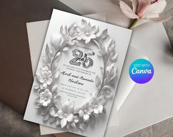25th Wedding Anniversary Invitation - Elegant Silver Wedding Cards, 25th Anniversary Party Invitations, Modern Printable Design