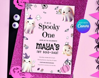 May include: A pink and purple Halloween party invitation with a ghost theme. The invitation features a cartoon ghost with a witch's hat and the text "The Spooky One" and "Maya's 1st Boo-Day!"
