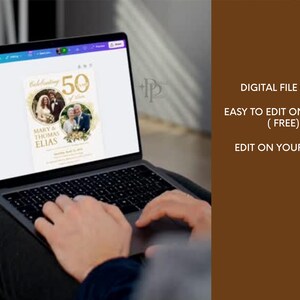 May include: A laptop displays a digital invitation for a 50th wedding anniversary. The invitation features two photos, gold accents, and the names "Mary & Thomas Elias." Text on the screen reads "DIGITAL FILE ONLY" and "EASY TO EDIT ON CANVA (FREE)."