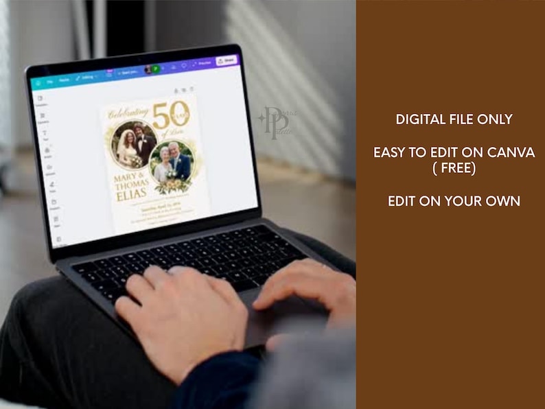 May include: A laptop displays a digital invitation for a 50th wedding anniversary. The invitation features two photos, gold accents, and the names "Mary & Thomas Elias." Text on the screen reads "DIGITAL FILE ONLY" and "EASY TO EDIT ON CANVA (FREE)."