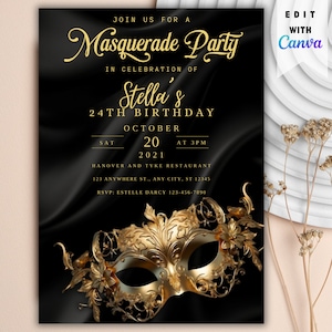 Masquerade Ball Editable Birthday Invitation Template, Printable Birthday Party Invitations, Digital Bday Party Invite Template