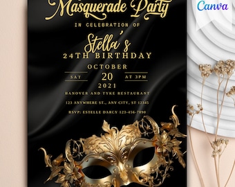 Masquerade Ball Editable Birthday Invitation Template, Printable Birthday Party Invitations, Digital Bday Party Invite Template