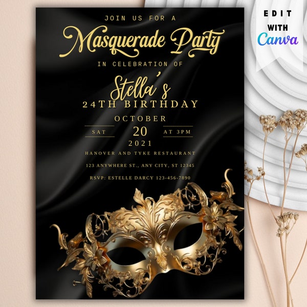 Masquerade Ball Editable Birthday Invitation Template, Printable Birthday Party Invitations, Digital Bday Party Invite Template