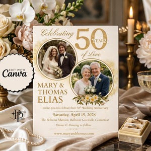 May include: A wedding anniversary invitation card with the text "Celebrating 50 Years of Love." The card features two circular photos of the couple, with the names "Mary & Thomas Elias" below. The card is decorated with floral arrangements.