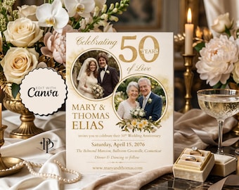 Könnte beinhalten: Eine Einladungskarte zum Hochzeitstag mit dem Text "Celebrating 50 Years of Love". Die Karte zeigt zwei runde Fotos des Paares mit den Namen "Mary & Thomas Elias" darunter. Die Karte ist mit Blumenarrangements verziert.