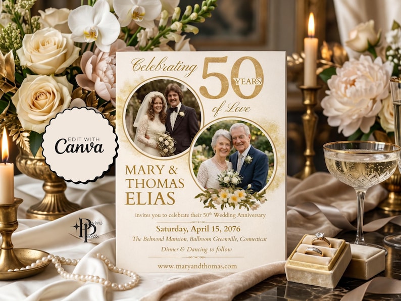 May include: A wedding anniversary invitation card with the text "Celebrating 50 Years of Love." The card features two circular photos of the couple, with the names "Mary & Thomas Elias" below. The card is decorated with floral arrangements.