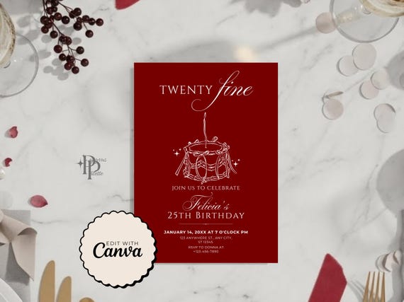 Twenty Fine Invite, Minimalistic Invitation, 25th Birthday Invite, Custom Twenty Invitation, Coquette E Invite, Personalize Twenty Invite