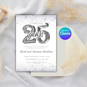 Invitación para el 25.° aniversario de bodas: elegantes tarjetas para bodas de plata, invitaciones para fiestas del 25.° aniversario, diseño moderno e imprimible