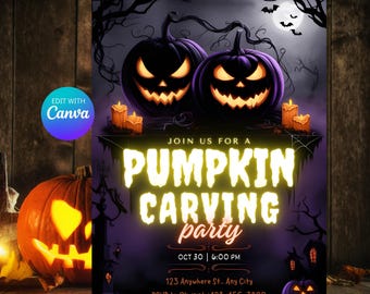 Pumpkin Carving Party Invitation | Jack O Lantern Invite for Halloween | Fun Halloween Evite | Spooky Celebration Printable Party Invite