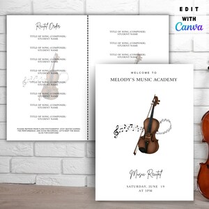May include: A printable music recital program template with a watercolor illustration of a violin and musical notes. The text reads "Welcome to Melody's Music Academy" and "Music Recital Saturday, June 19 at 3PM".