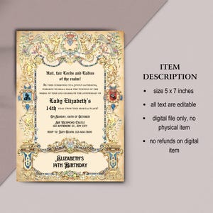 May include: A printable 5x7 inch digital invitation for a 14th birthday party. The invitation features a medieval-style design with a gold and blue color scheme. The text reads "Hail, fair Lords and Ladies of the realm!" and "Lady Elizabeth's 14th Year Upon This Mortal Plane!" The invitation also includes a date, time, and location for the party.
