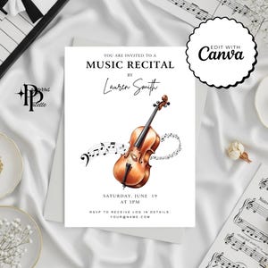 May include: A music recital invitation featuring a watercolor illustration of a violin with musical notes. The invitation includes the text "You are invited to a Music Recital by Lauren Smith" and event details. The Canva logo is visible.